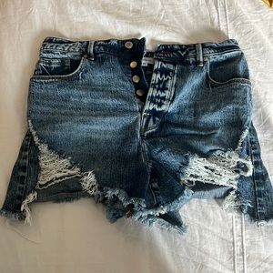 Good American Denim High Waist Button Fly Bombshell Cutoff Jean Short Blue 6/28